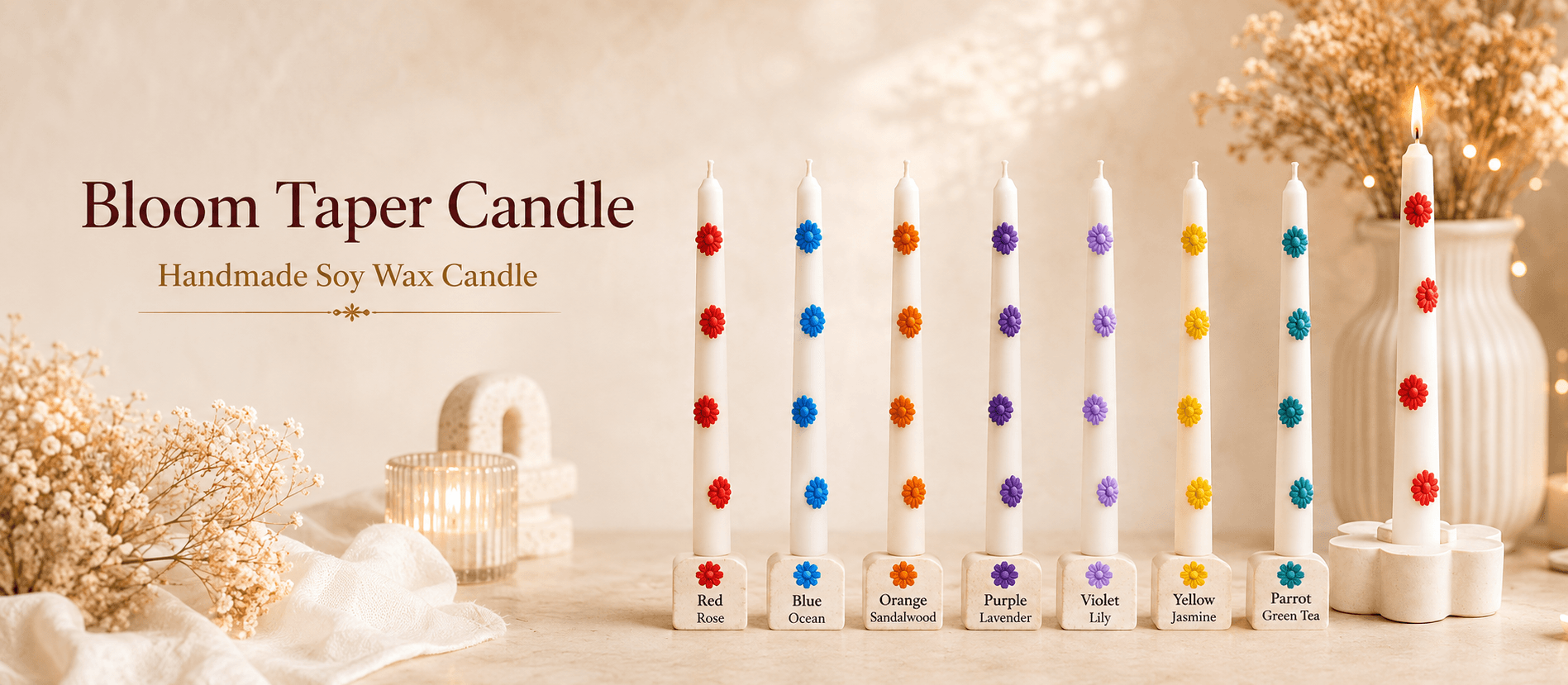 Bloom Taper Candle collection in seven colors