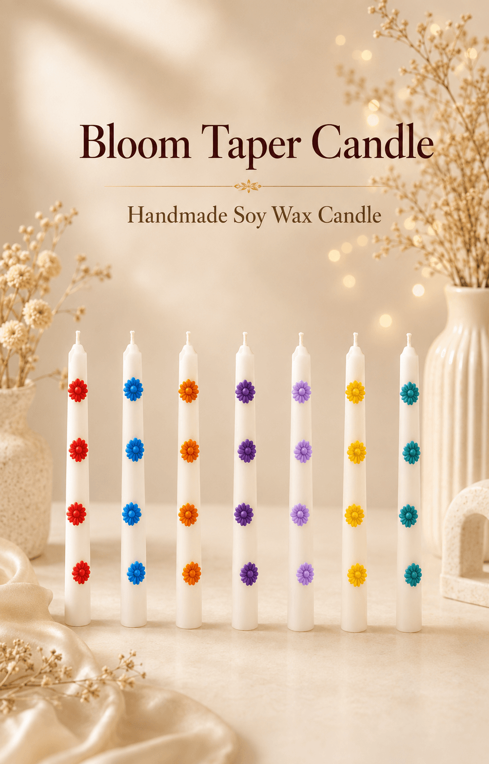 Bloom Taper Candle collection in seven colors