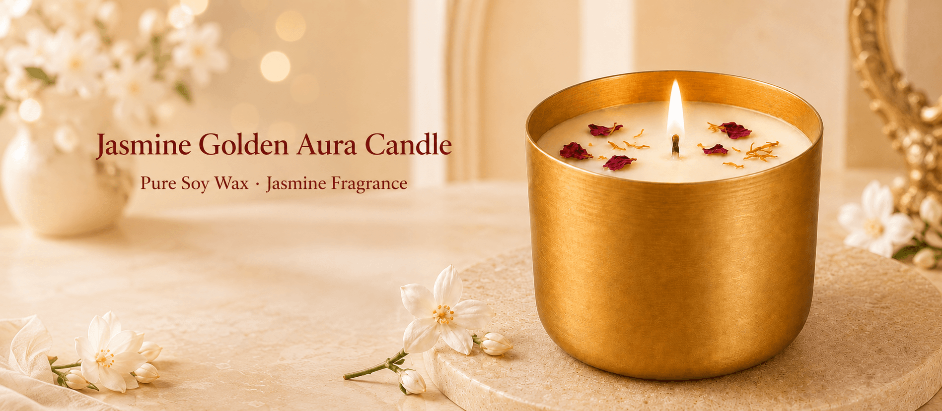 Jasmine Golden Aura Candle in a brushed gold vessel