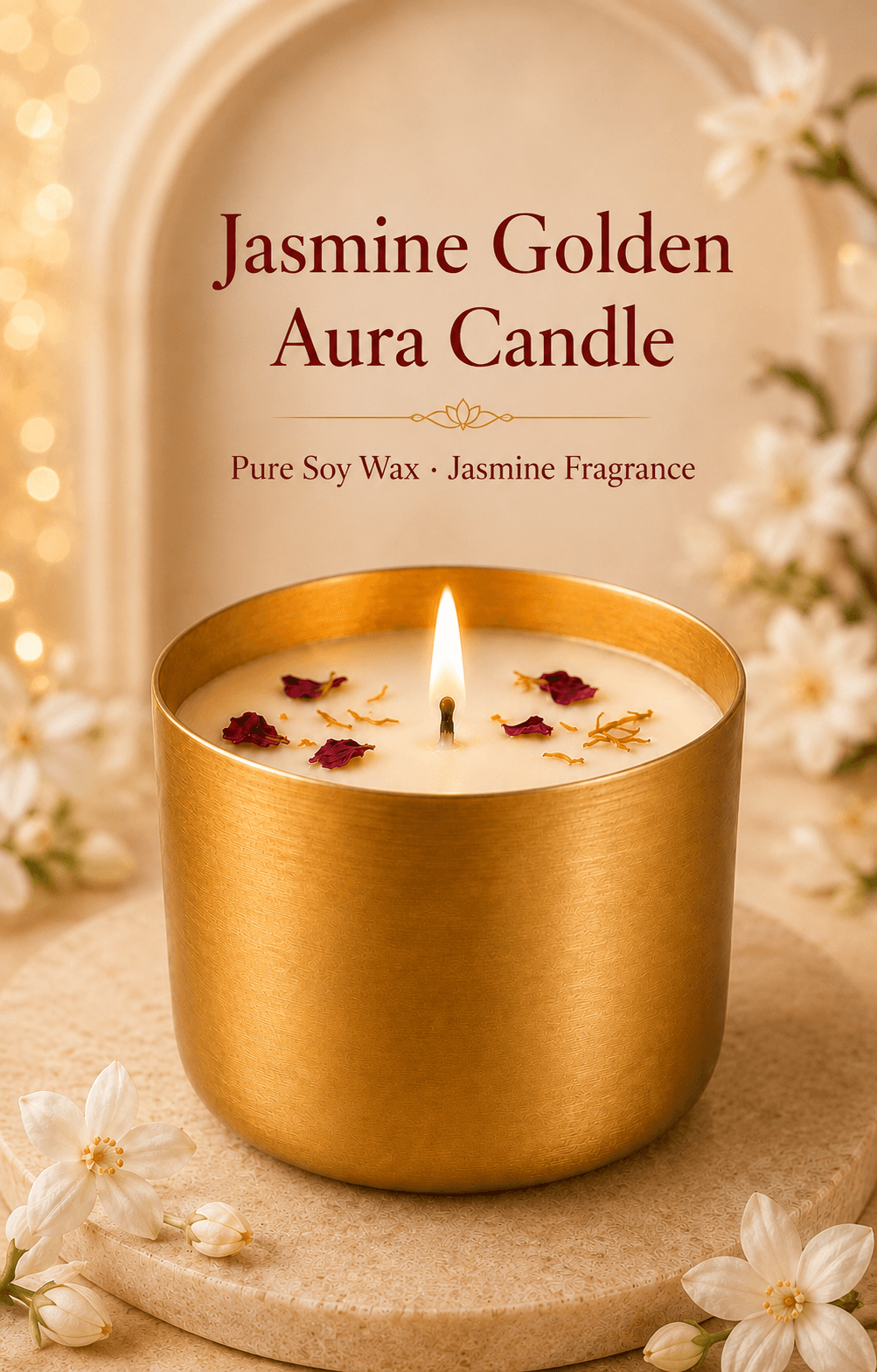 Jasmine Golden Aura Candle in a brushed gold vessel