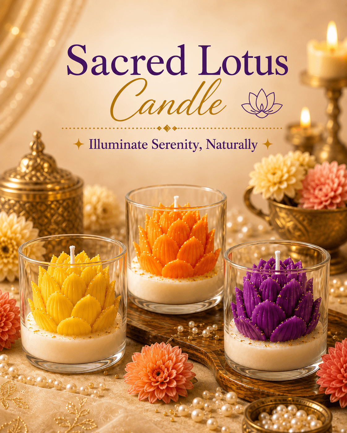 Sacred Lotus Candle in colorful lotus-shaped wax designs