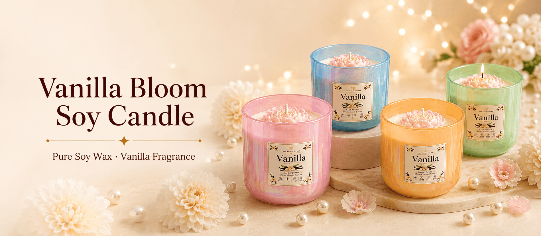 Vanilla Bloom Soy Candle in colorful pastel glass jars