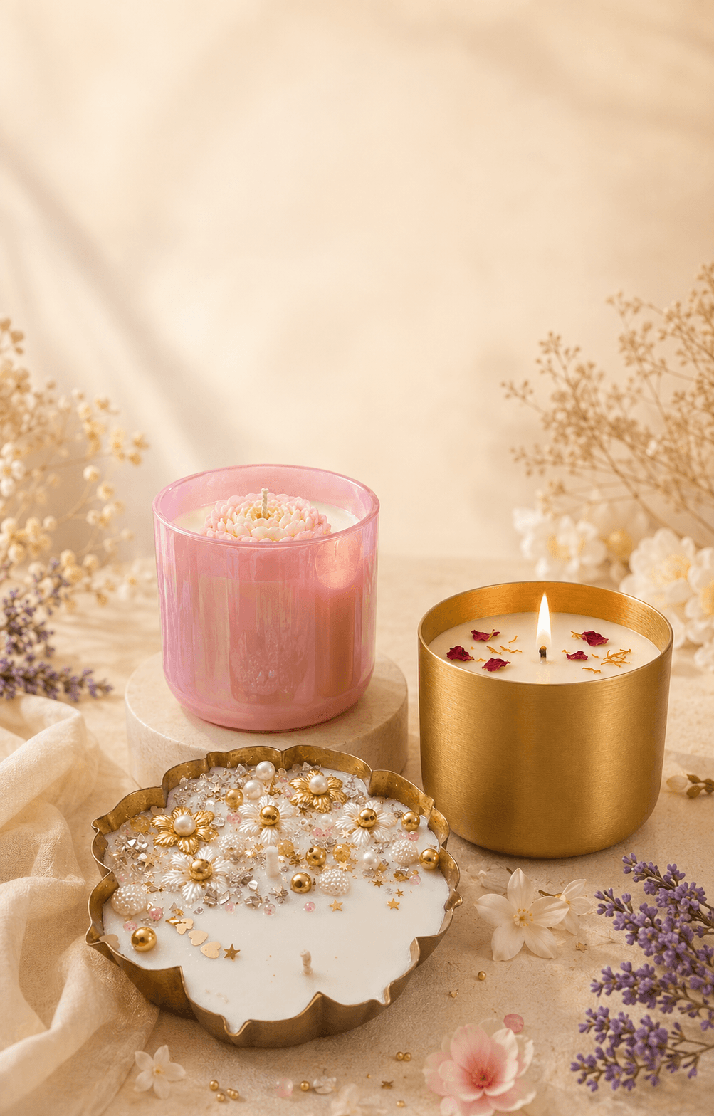 A styled collection of Seasonal Sparkle fragrance candles
